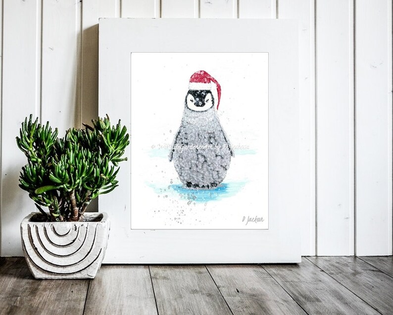 Christmas Baby Penguin Santa Watercolor Art Print, Whimsical Holiday Nature Decor, 11 x 14, Unframed image 3