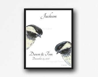 Personalized Chickadee Couple Watercolor Art Print from Hand Painted Original, Bird Watcher Gift, Unframed