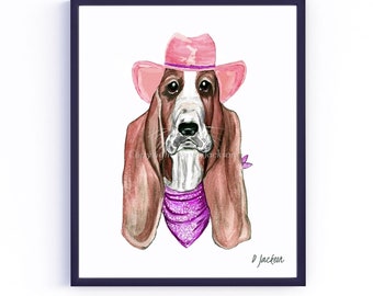 Cowgirl Basset Hound Watercolor Art Print from Hand Painted Original, Whimsical Western Dog Decor, Pet Mom Gift, Unframed