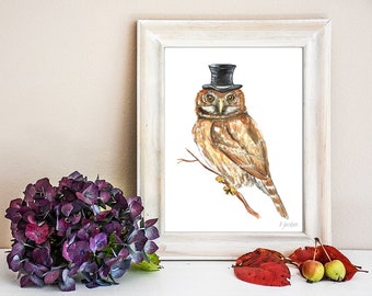 Whimsical Owl Watercolor Art Print, Woodland Bird in Hat, Modern Nature Home Decor, Family Friendly, Unframed