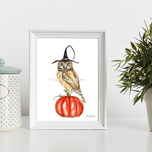 Halloween Witch Owl Watercolor Art Print, Bird on Pumpkin, Owl in Witch Hat, Kid Friendly Art, Unframed image 3