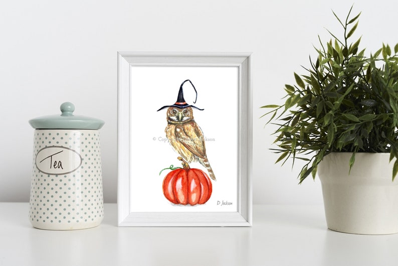 Halloween Witch Owl Watercolor Art Print, Bird on Pumpkin, Owl in Witch Hat, Kid Friendly Art, Unframed image 3