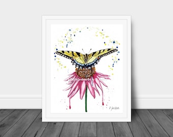 Yellow Swallowtail Butterfly Watercolor Art Print, Boho Nature Home Decor, Colorful Wall Art, Unframed