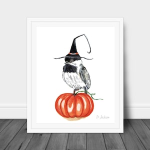 Halloween Witch Chickadee Watercolor Art Print, Chickadee in Witch Hat, Bird on Pumpkin, Family Friendly Art, Unframed