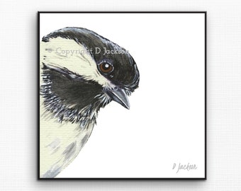 Chickadee Watercolor Art Print, Square Bird Wall Decor, Modern Farmhouse, Cottage Art Print, Nursery Art, Gift for Her, Unframed