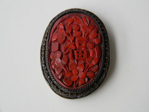 Antique Cinnabar Dress Clip, Chinese Import, Vinta