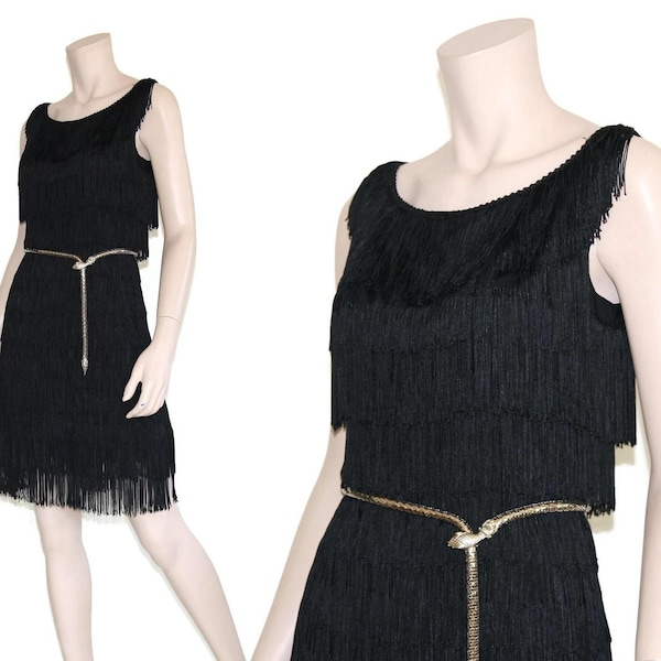 Vintage 60s Victor Costa Romantica crepe flapper fringe dress, Vtg 1960s designer 20s style mini lbd, metal zipper union tag, xs small s
