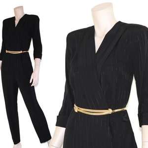 Vintage 80s 90s girl boss black pinstripe jumpsuit, 1980s 1990s plunging pleated striped pantsuit, career wear pant suit, small s medium m