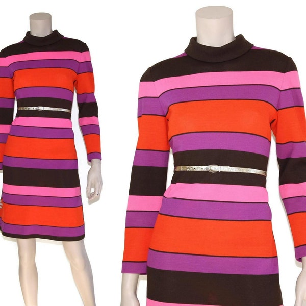 60s 70s striped mod color block twiggy dress, 1960s 1970s a line colorblock stripes knit, Vintage geometric psychedelic op art, xs small s