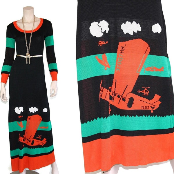 Iconic mod Giorgio di Sant'Angelo graphic airplane dress, 1970s color block novelty maxi, Vintage 60s 70s knit sweater, xs small s medium m