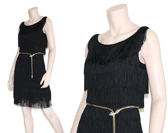 Vintage 60s Victor Costa Romantica crepe flapper fringe dress, Vtg 1960s designer 20s style mini lbd, metal zipper union tag, xs small s