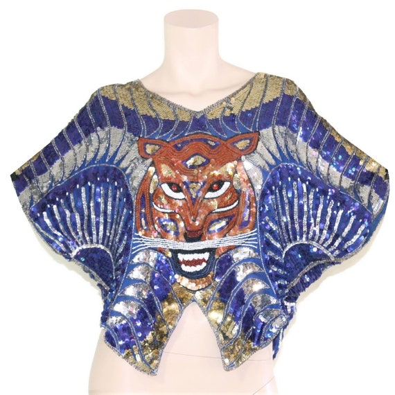 70s 80s beaded sequined novelty tiger trophy top,… - image 6