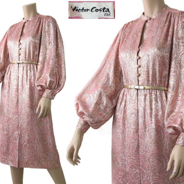 Vintage 70s Victor Costa silk lurex lame balloon sleeve dress, 1970s pink gold metallic psychedelic swirl glam cocktail dress xxs xs small s