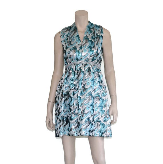 Victor Costa romantica dress, 60s metallic blue m… - image 3