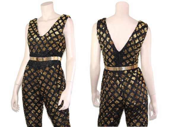 50s 60s gold black sequin metallic pin up catsuit… - image 7