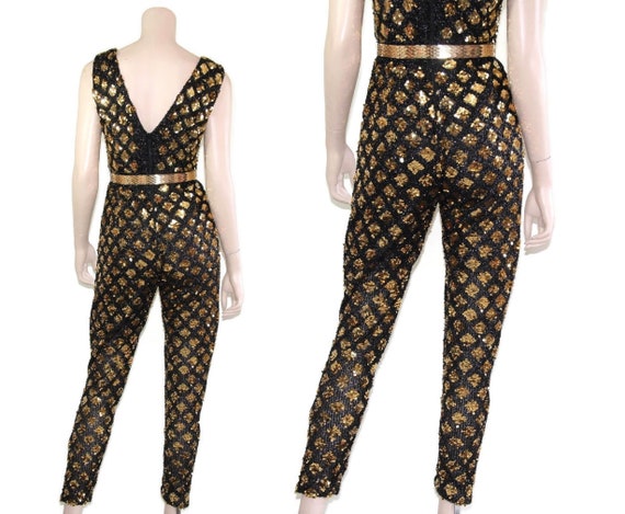 50s 60s gold black sequin metallic pin up catsuit… - image 5