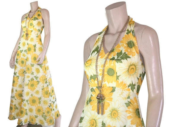 Vintage 60s 70s floral daisy halter dress & ballo… - image 3