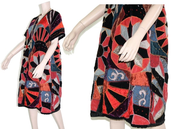 Antique 1930s patchwork silk velvet duster, 70s 1… - image 10