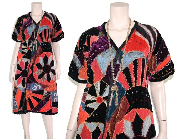 Antique 1930s patchwork silk velvet duster, 70s 1… - image 6