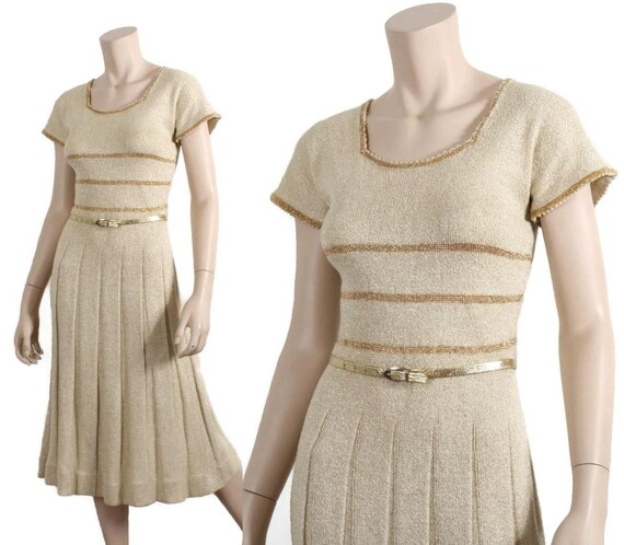 70s gold metallic knit dress - 1970s lurex gold &