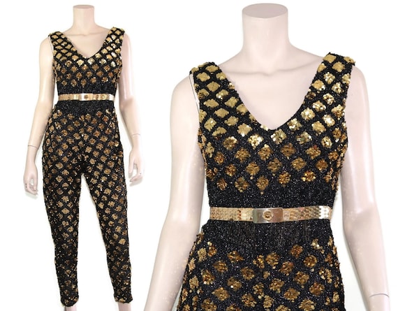 50s 60s gold black sequin metallic pin up catsuit… - image 4