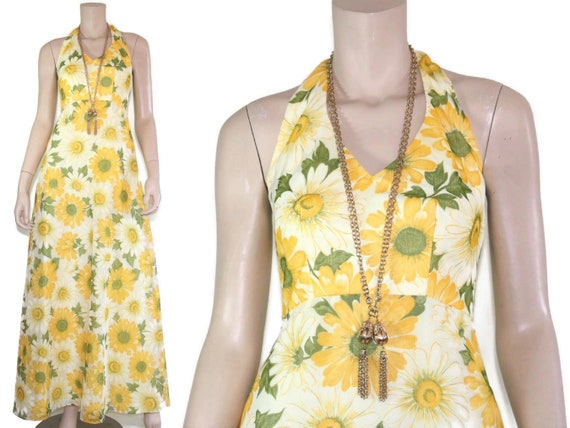 Vintage 60s 70s floral daisy halter dress & ballo… - image 6
