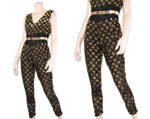 50s 60s gold black sequin metallic pin up catsuit… - image 2