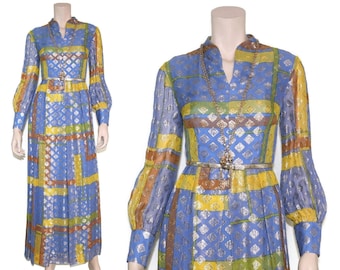 Silk 60s 70s vintage metallic geometric pleated hostess dress, 1960s 1970s mod gold & blue lurex lame balloon sleeve maxi, small s medium m