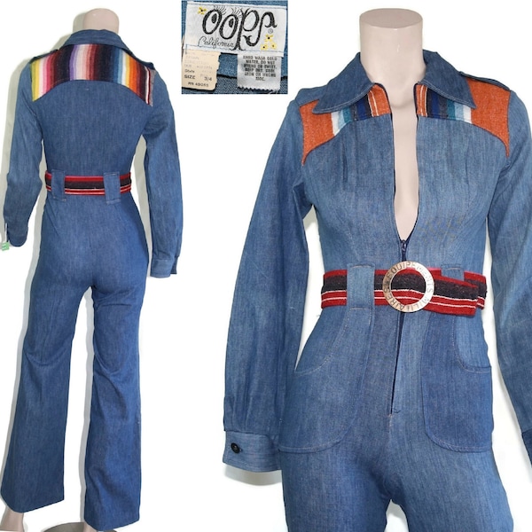70s western denim serape jumpsuit, 1970s deadstock striped tapestry bell bottom pantsuit, NOS patchwork hippie pant suit xxs xs teen juniors