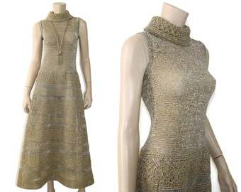 Vintage 60s 70s gold silver sheer metallic mesh hostess dress, 1960s 1970s glam mod metal crochet knit lurex lame maxi, small s medium m