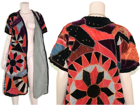 Antique 1930s patchwork silk velvet duster, 70s 1… - image 9