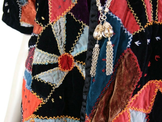 Antique 1930s patchwork silk velvet duster, 70s 1… - image 4