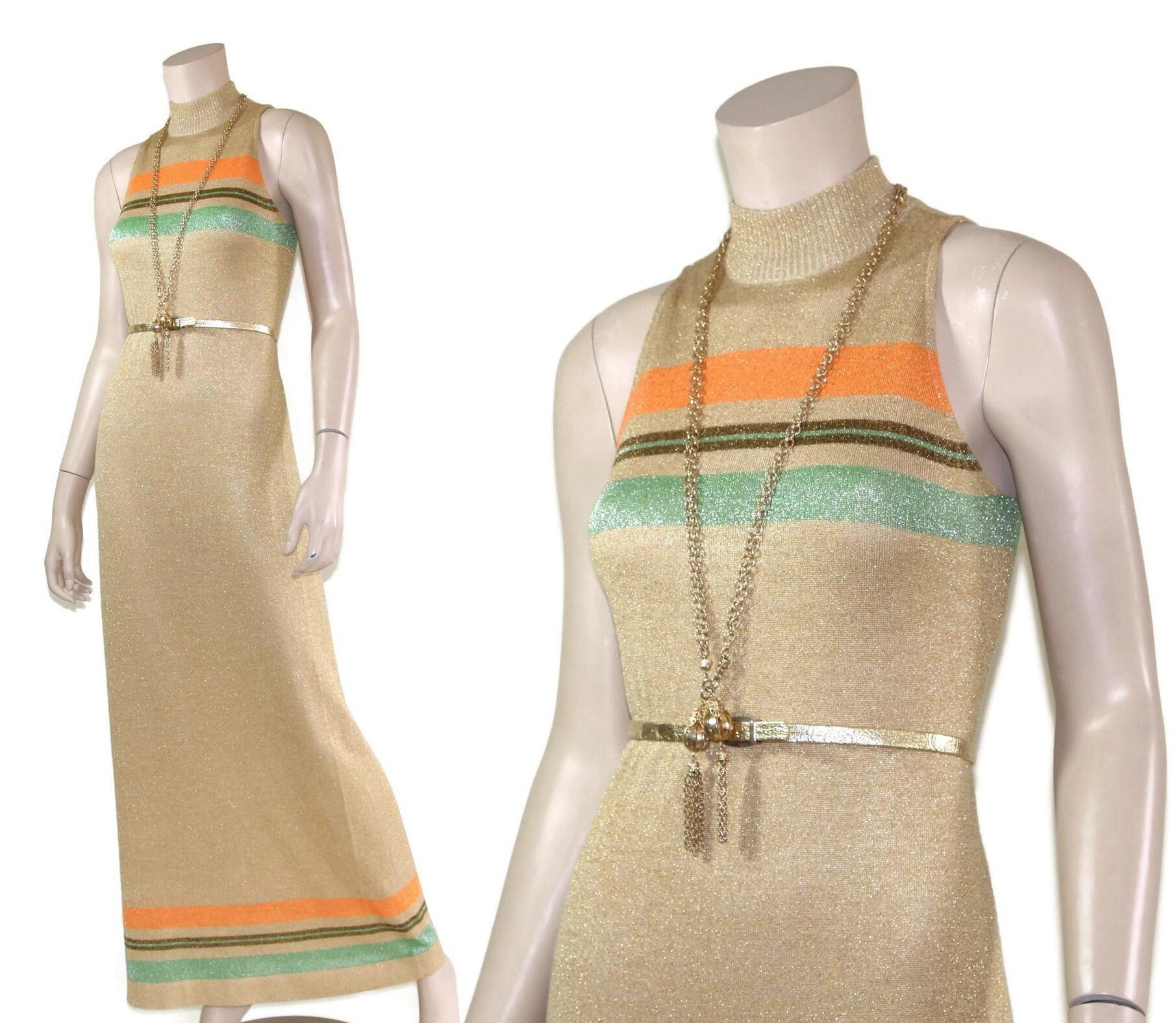 70s Emilio Pucci Gold Striped Metallic Gown, 1970s Lurex