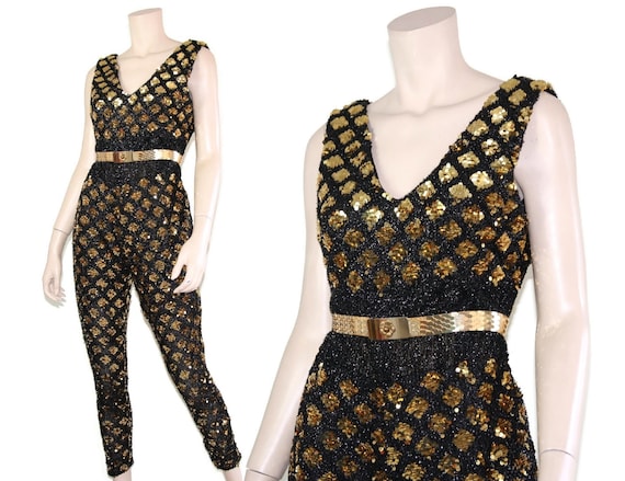 50s 60s gold black sequin metallic pin up catsuit… - image 1