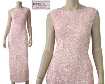 60s psychedelic sequined wool knit dress, 1960s pink beaded sequin maxi, 50s 1950s imperial imports gene shelly, small s medium m large l