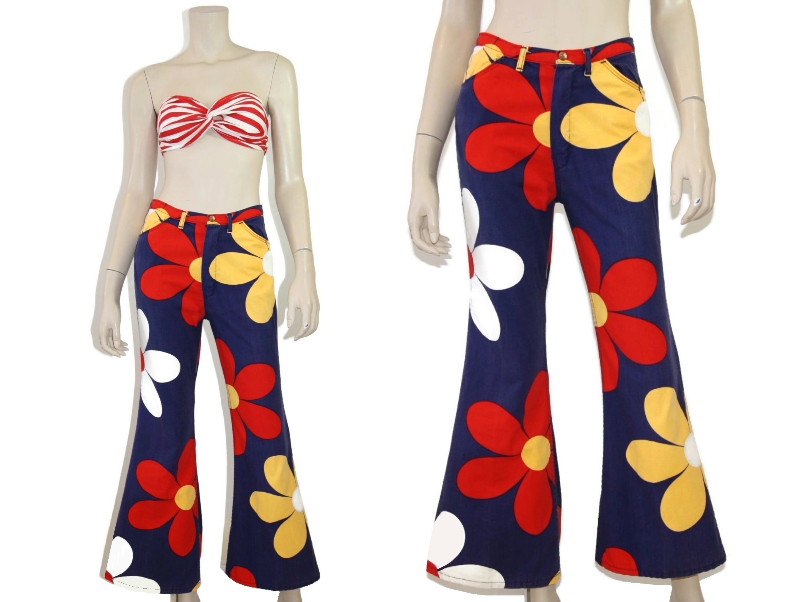 Vintage 60s 70s Flower Power Bell Bottom Pants, 1960s 1970s Twill Denim  Bellbottom Trousers, Psychedelic Floral Retro Flare Jeans Xs Small S 