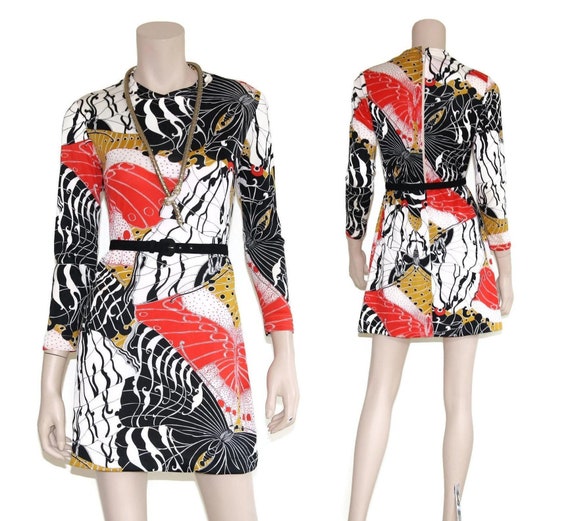 Vintage 60s 70s mod op art graphic butterfly dres… - image 1