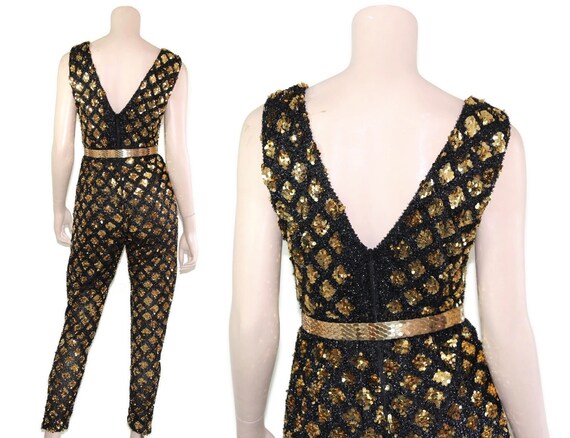 50s 60s gold black sequin metallic pin up catsuit… - image 3