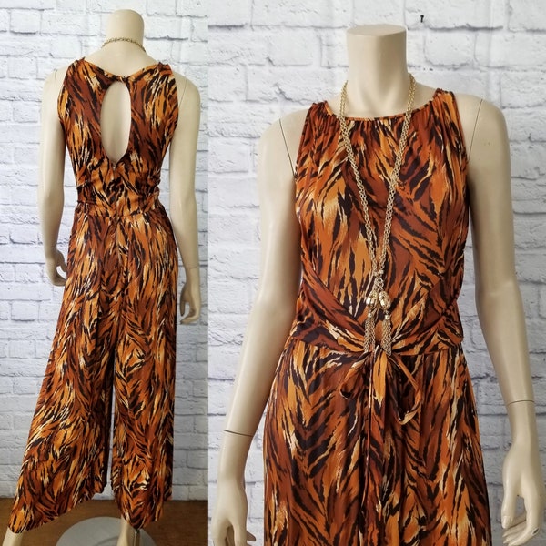 Vintage 60s 70s tiger animal print backless palazzo jumpsuit, 1960s 1970s disco glam keyhole back bell bottom pantsuit, Studio 54 xs small s