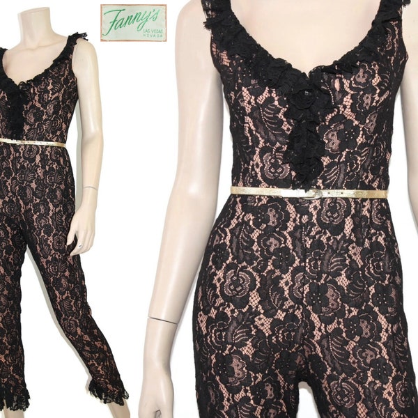 Vintage 50s 60s black & nude lace illusion pinup jumpsuit, 1950s 1960s ruffled vlv pin up romper catsuit, Bombshell las vegas, xs small s