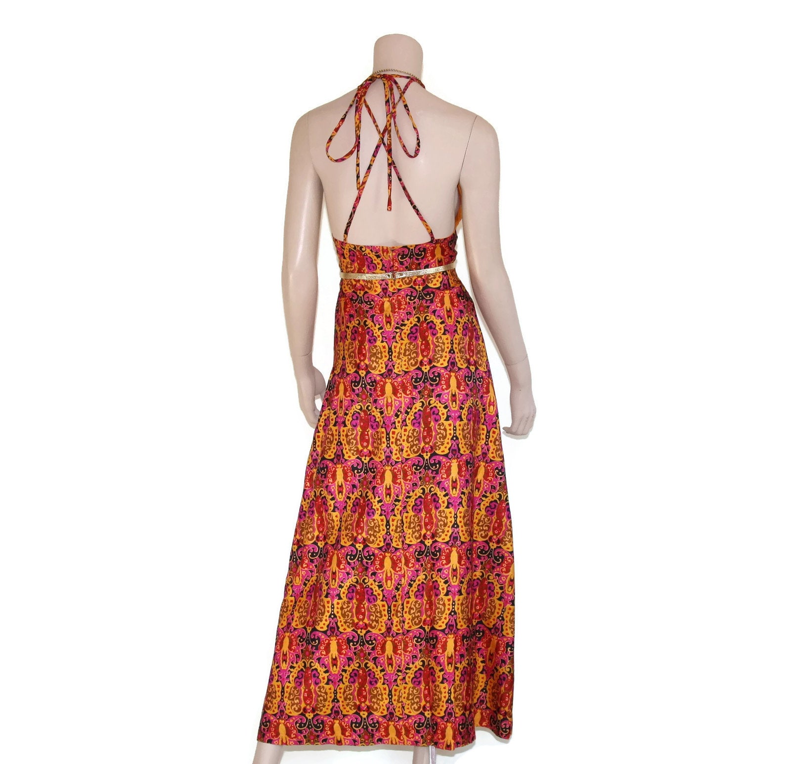 Vintage 60s 70s orange & pink silk ikat maxi halter dress | Etsy