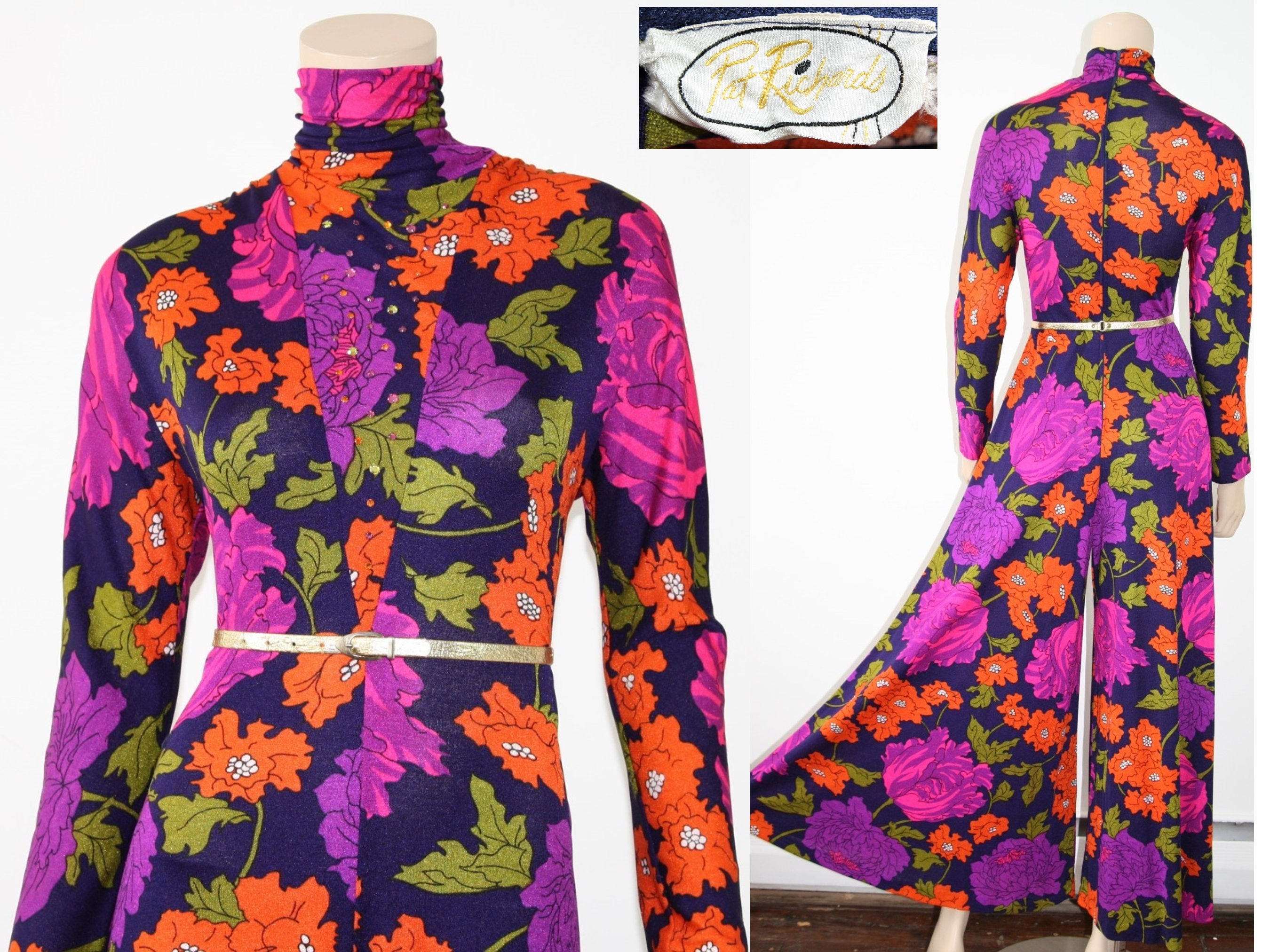 Vintage 60s 70s psychedelic floral bell bottom jumpsuit, 1960s 1970s rhinestone embellished palazzo bellbottom pantsuit, xs small s medium m