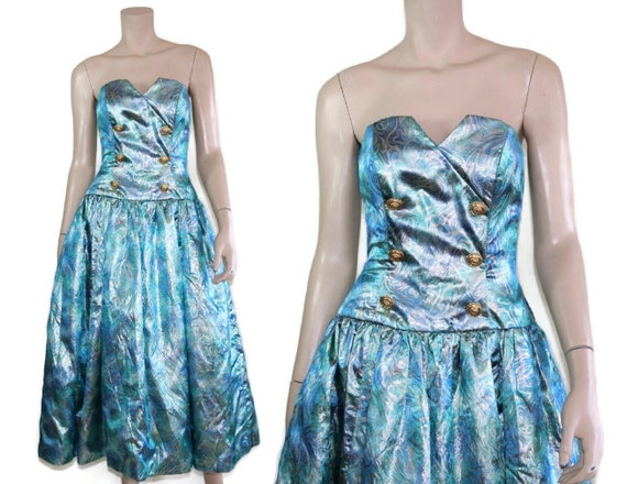 80s sea foam blue & gold lame tuxedo party dress,… - image 5