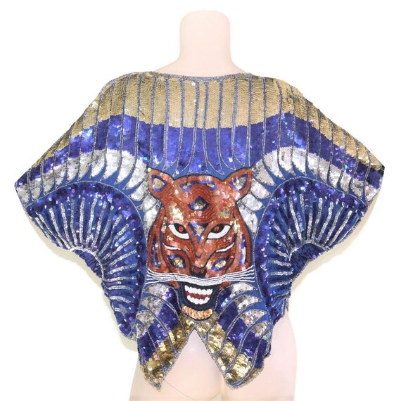 70s 80s beaded sequined novelty tiger trophy top,… - image 3