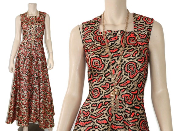 Vintage 60s 70s red & gold metallic leopard dress… - image 1