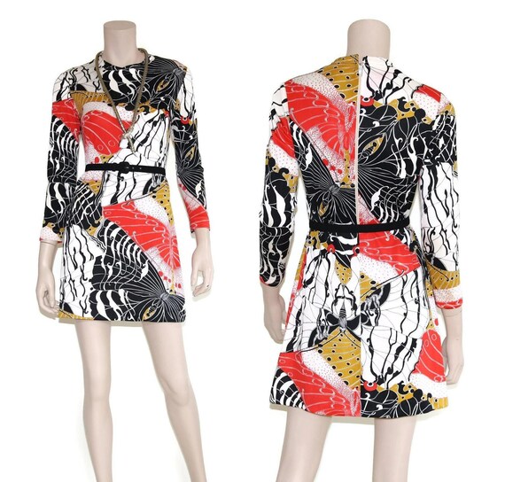 Vintage 60s 70s mod op art graphic butterfly dres… - image 3