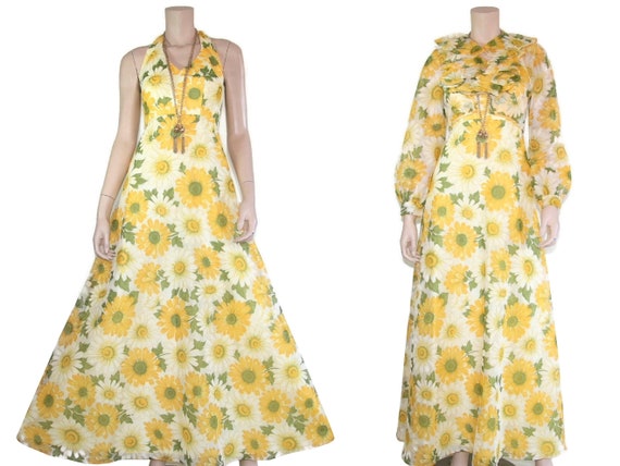 Vintage 60s 70s floral daisy halter dress & ballo… - image 1