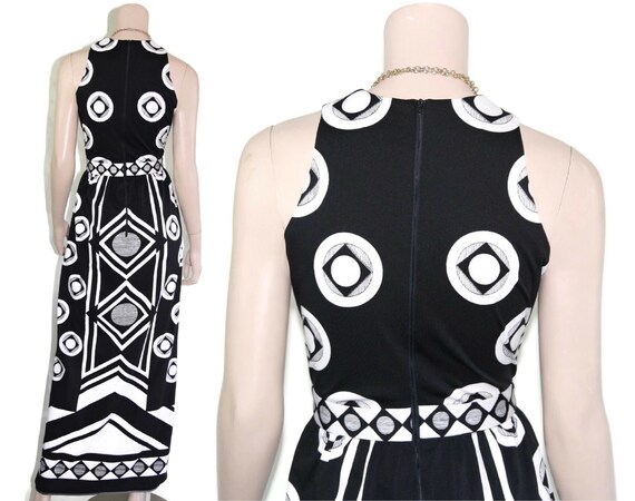 VINTAGE 60s 70s BLACK GREEN PURPLE GEOMETRIC MOD STRIPED MAXI DRESS 14 16 main image 0