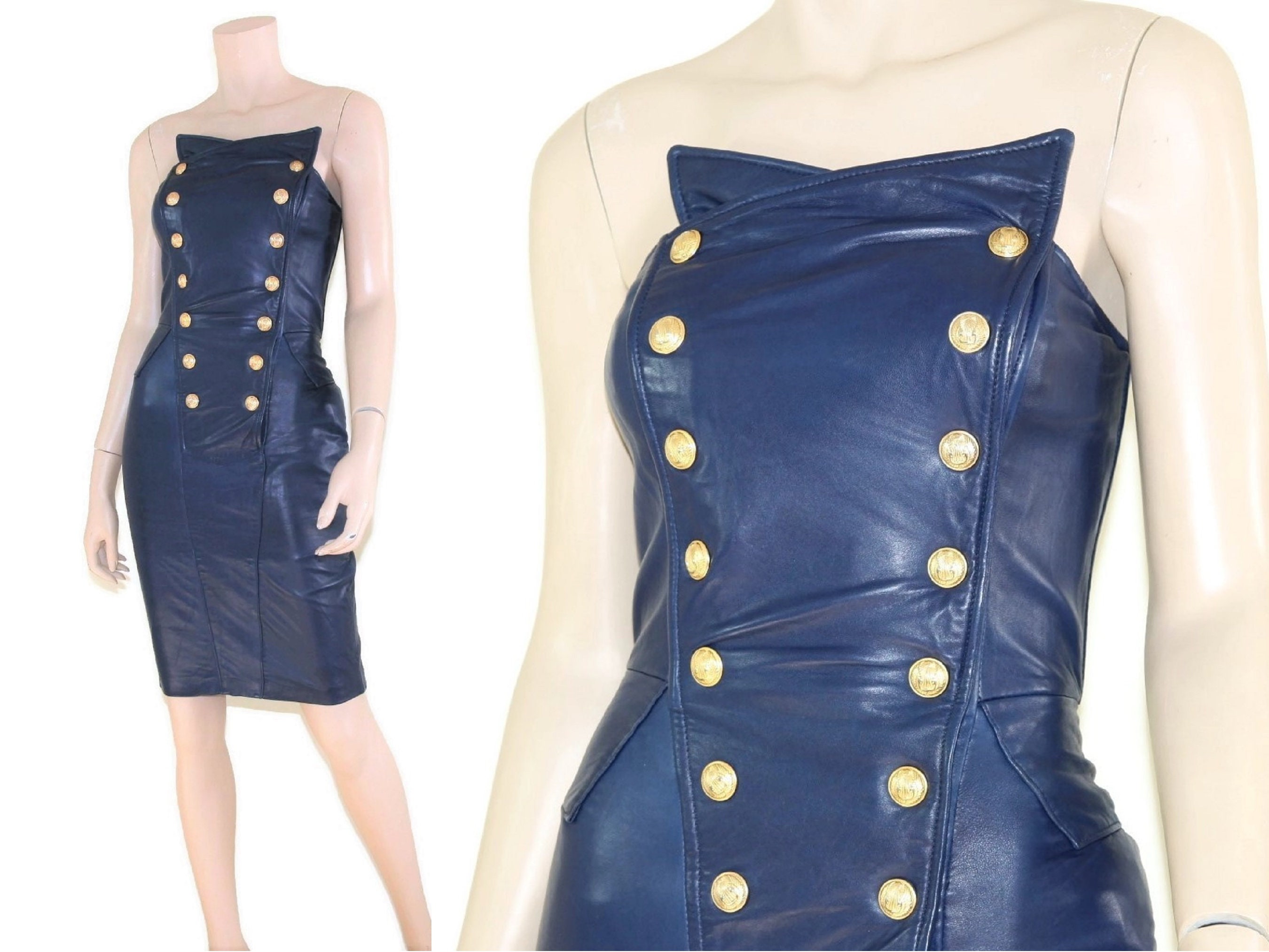 80s Navy Blue North Beach Leather Military Dress, 1980s Michael Hoban  Strapless Gold Angel Wing Biker Mini, Vintage Designer Xxs Xs - Etsy