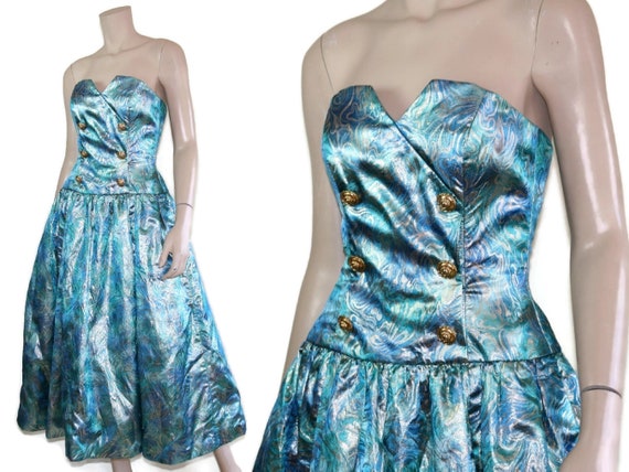 80s sea foam blue & gold lame tuxedo party dress,… - image 1